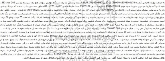 آگهی مزایده یک دستگاه اتومبیل سواری هاچ بک سیستم پژو تیپ 206