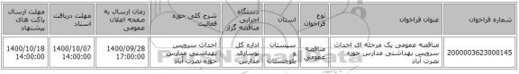 مناقصه عمومی یک مرحله ای احداث سرویس بهداشتی مدارس حوزه نصرت آباد