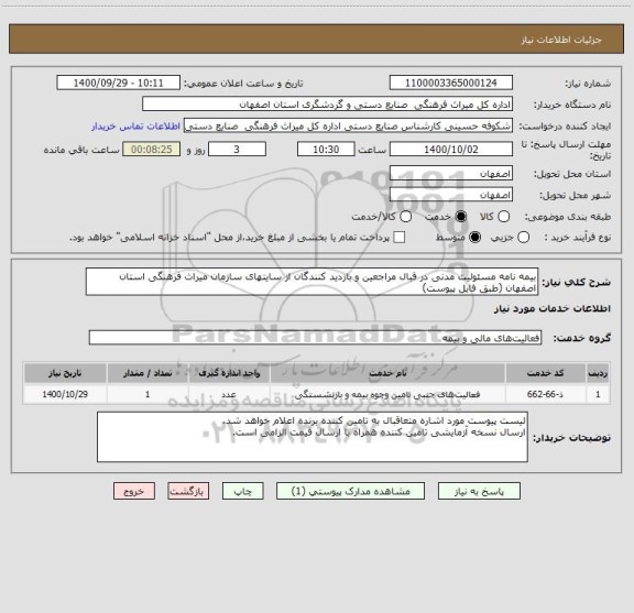 استعلام بیمه نامه مسئولیت مدنی در قبال مراجعین و بازدید کنندگان از سایتهای سازمان میراث فرهنگی استان اصفهان (طبق فایل پیوست)