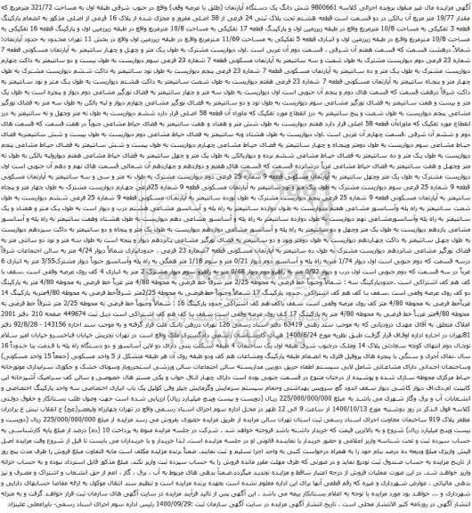 شش دانگ یک دستگاه آپارتمان (طلق با عرصه وقف) واقع در جنوب شرقی طبقه اول به مساحت 321/72 مترمربع
