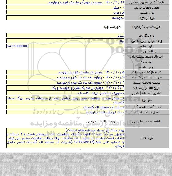 استعلام قیمت: مطالعات تعیین روش کاهش تبخیر از سدهای مخزنی بزرگ استان گلستان