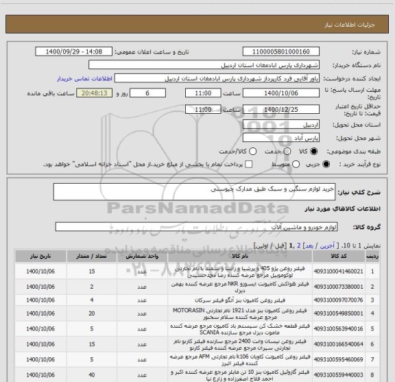استعلام خرید لوازم سنگین و سبک طبق مدارک چیوستی