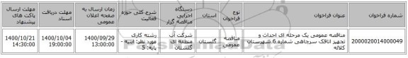 مناقصه عمومی یک مرحله ای احداث و تجهیز اتاقک سرچاهی شماره 6 شهرستان کلاله
