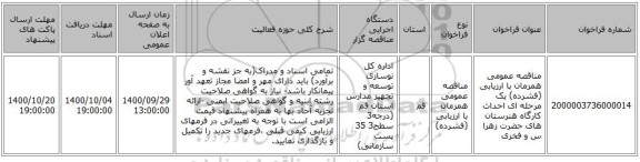 مناقصه عمومی همزمان با ارزیابی (فشرده) یک مرحله ای احداث کارگاه هنرستان های حضرت زهرا س و فخری 