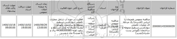 مناقصه عمومی همزمان با ارزیابی (فشرده) یک مرحله ای عملیات تکمیلی دیوارکشی،تسطیح محوطه و ساختمان نگهبانی پست جلدیان(تجدید)