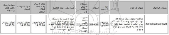مناقصه عمومی یک مرحله ای  نوبت اول  خرید و نصب یک دستگاه دیزل ژنراتور با ظرفیت اضطراری 700 کاوا به همراه تابلو برق های چنج آو