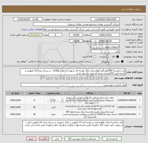 استعلام قند شکسته 900کیلو گرم کوهساری چای کیسه ای شهزاد به مقدار 110kg  در بسته بندی 10 کیلویی و کیسه فریزر 100عددی بسته ای مورد نیاز می باشد 