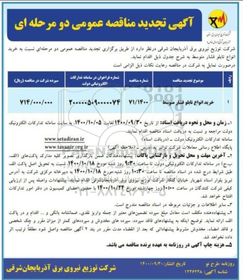 تجدید مناقصه خرید انواع تابلو فشار متوسط 