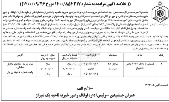 مزایده، مزایده واگذاری به اجاره یک واحد تجاری