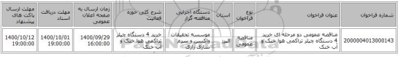 مناقصه عمومی دو مرحله ای خرید 4 دستگاه چیلر تراکمی هوا خنک و آب خنک