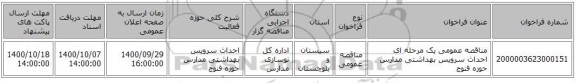 مناقصه عمومی یک مرحله ای احداث سرویس بهداشتی مدارس حوزه فنوج