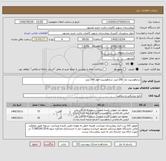 استعلام سارفوسیت دو  292 لیتر. سارفوسیت فوم 140 لیتر.