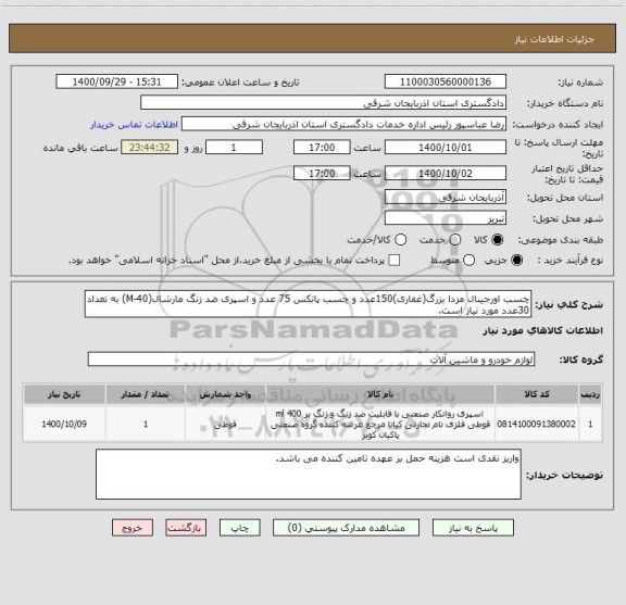 استعلام چسب اورجینال مزدا بزرگ(غفاری)150عدد و چسب پاتکس 75 عدد و اسپری ضد زنگ مارشال(M-40) به تعداد 30عدد مورد نیاز است.