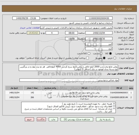 استعلام روغن مایع پخت و پز 2000 کیلو خالص و روغن مایع سرخ کردنی 4000 کیلوخالص  هر دو برند بهار و در بزرگترین نوع بسته بندی موجود در بازار (حداقل 3 کیلوئی)