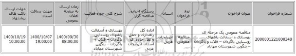مناقصه عمومی یک مرحله ای بهسازی و آسفالت راههای روستایی باگردان – قلات و باگردان – بنگوین شهرستان مهاباد