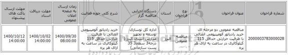 مناقصه عمومی دو مرحله ای خرید رادیاتور آلومینیومی اتصالی با ظرفیت حرارتی حداقل 115 کیلوکالری در ساعت به ازای هر پره