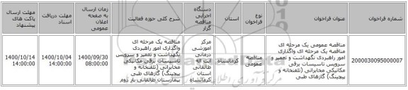 مناقصه عمومی یک مرحله ای مناقصه یک مرحله ای واگذاری امور راهبردی نگهداشت و تعمیر و سرویس تاسیسات برقی مکانیکی مخابراتی (تلفنخانه و پیچینگ) گازهای طبی 