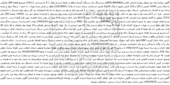آگهی مزایده ششدانگ یک دستگاه آپارتمان واقع در طبقه ششم بلوک 1 E به مساحت 145/11 مترمربع
