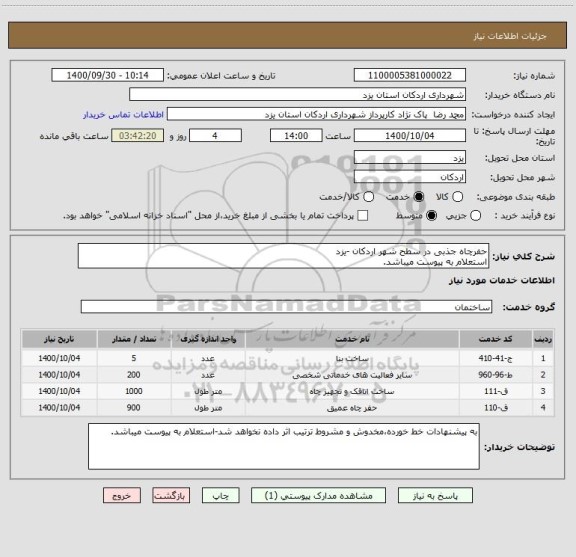 استعلام حفرچاه جذبی در سطح شهر اردکان -یزد
استعلام به پیوست میباشد.