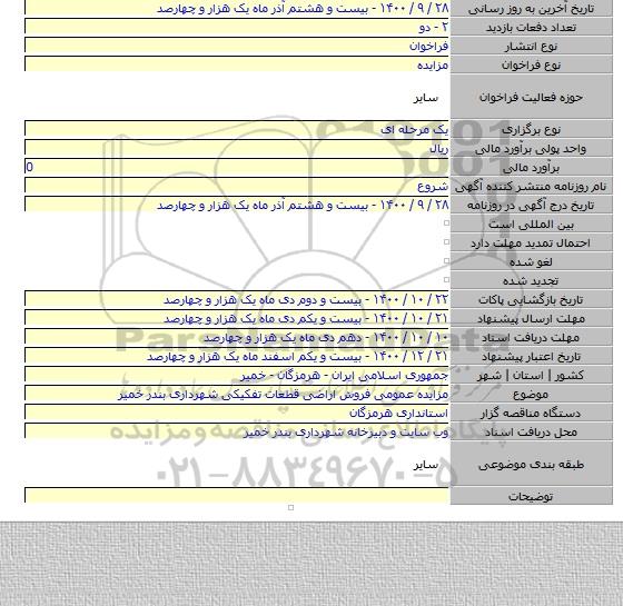 مزایده عمومی فروش اراضی قطعات تفکیکی شهرداری بندر خمیر