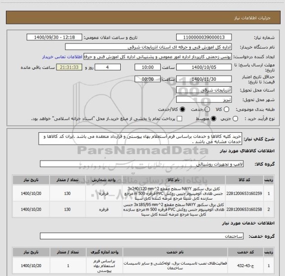 استعلام خرید کلیه کالاها و خدمات براساس فرم استعلام بهاء پیوستی و قرارداد منعقده می باشد .ایران کد کالاها و خدمات مشابه می باشد .