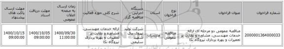 مناقصه عمومی دو مرحله ای ارائه خدمات مهندسی، مشاوره و نظارت بر تعمیرات و بهره برداری نیروگاه نکا