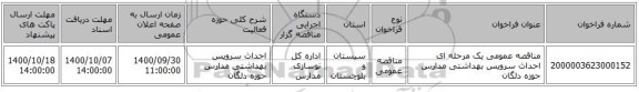 مناقصه عمومی یک مرحله ای احداث سرویس بهداشتی مدارس حوزه دلگان