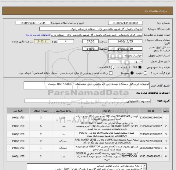 استعلام تجهیزات ابزاردقیق دستگاه کیسه زنی 25 کیلویی طبق مشخصات DATA SHEET پیوست