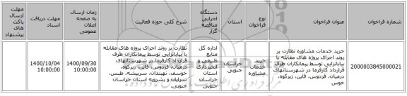 خرید خدمات مشاوره نظارت بر روند اجرای پروژه های مقابله با بیابانزایی توسط پیمانکاران طرف قرارداد کارفرما در شهرستانهای درمیان، فردوس، قاین، زیرکوه، خوس
