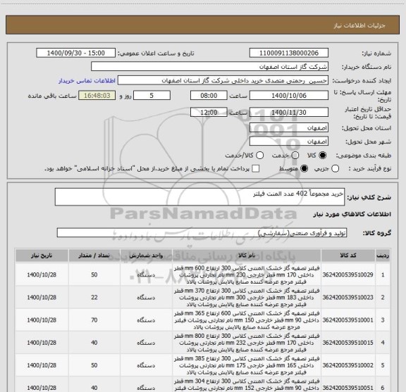 استعلام خرید مجموعاً 402 عدد المنت فیلتر