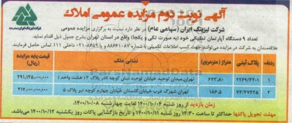 مزایده،مزایده واگذاری 9 دستگاه آپارتمان تملیکی 