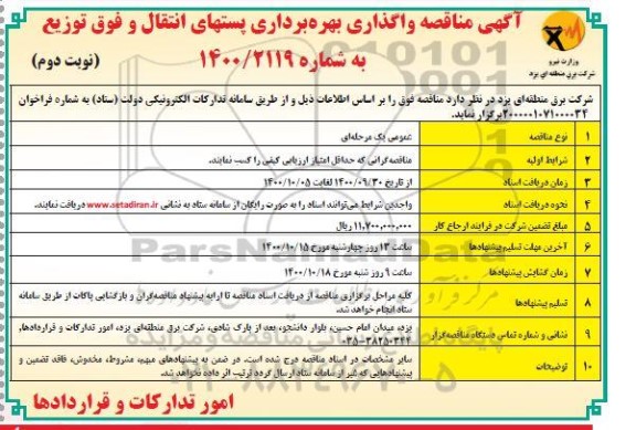 مناقصه واگذاری بهره برداری پستهای انتقال و فوق توزیع - نوبت دوم