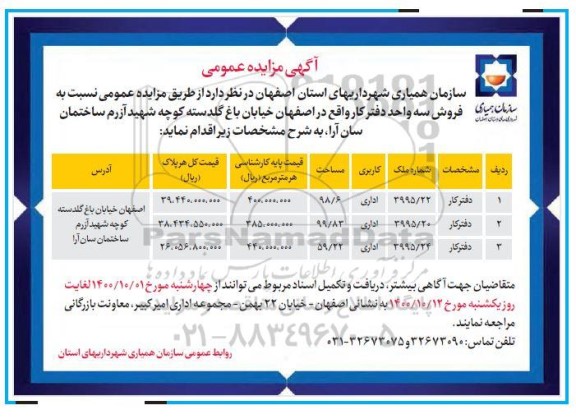 مزایده مزایده فروش سه واحد دفتر کار 