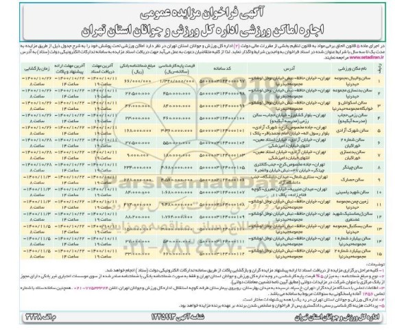 فراخوان مزایده اجاره اماکن ورزشی