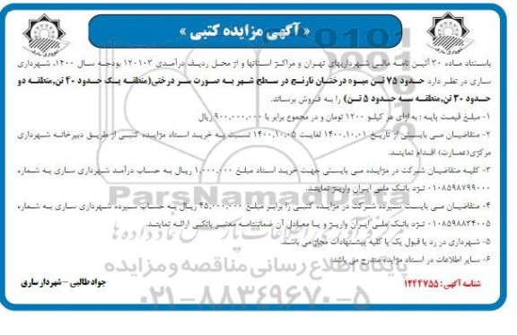 مزایده حدود 75 تن میوه درختان نارنج در سطح شهر 