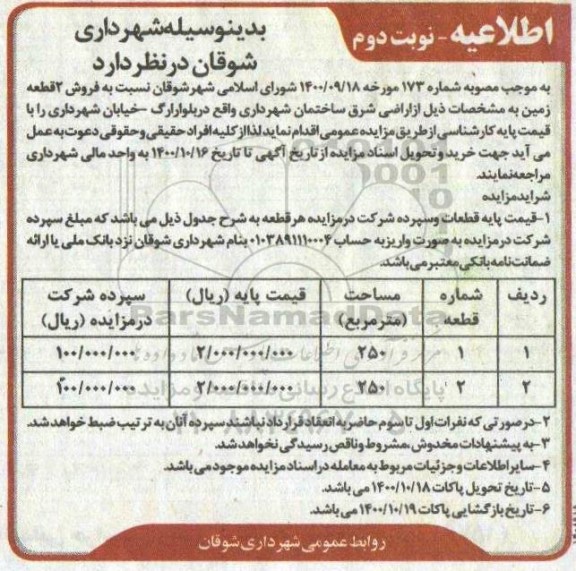 مزایده،مزایده فروش دو قطعه زمین 250 مترمربع نوبت دوم