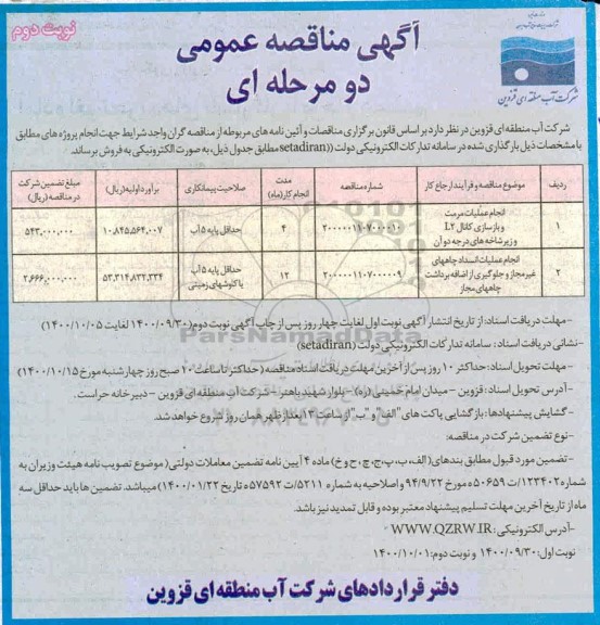 آگهی مناقصه عمومی انجام عملیات مرمت و بازسازی کانال L2 و زیرشاخه های درجه دو آن...