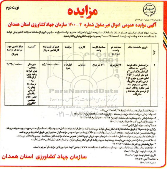 مزایده،مزایده واگذاری ششدانگ عرصه و اعیان سه دستگاه آپارتمان 720 مترمربع نوبت دوم 