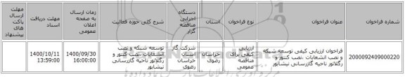 فراخوان ارزیابی کیفی توسعه شبکه و نصب انشعابات ،نصب کنتور و رگلاتور ناحیه گازرسانی نیشابور