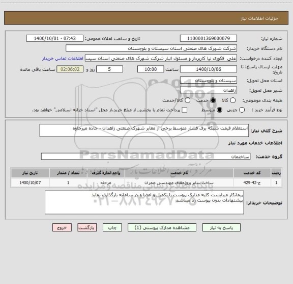 استعلام استعلام قیمت شبکه برق فشار متوسط برخی از معابر شهرک صنعتی زاهدان - جاده میرجاوه