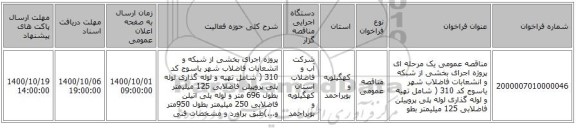 مناقصه عمومی یک مرحله ای پروژه اجرای بخشی از شبکه و انشعابات فاضلاب شهر یاسوج کد 310 ( شامل تهیه و لوله گذاری لوله پلی پروپیلن فاضلابی 125 میلیمتر بطو