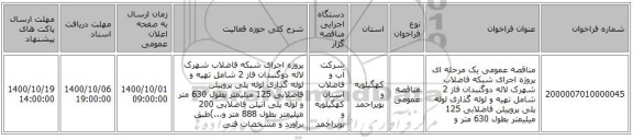 مناقصه عمومی یک مرحله ای پروژه اجرای شبکه فاضلاب شهرک لاله دوگنبدان فاز 2 شامل تهیه و لوله گذاری لوله پلی پروپیلن فاضلابی 125 میلیمتر بطول 630 متر  و 