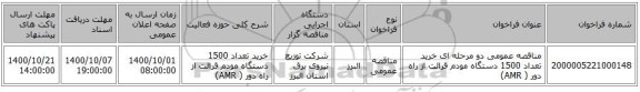 مناقصه عمومی دو مرحله ای خرید تعداد 1500 دستگاه مودم قرائت از راه دور ( AMR)