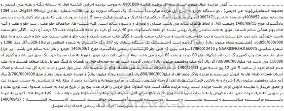 آگهی مزایده ششدانگ یک دستگاه سواری پژو تیپ 206