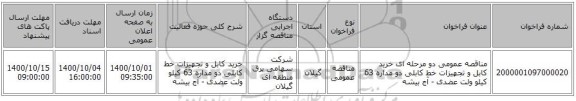 مناقصه عمومی دو مرحله ای خرید کابل و تجهیزات خط کابلی دو مداره 63 کیلو ولت عضدی - آج بیشه