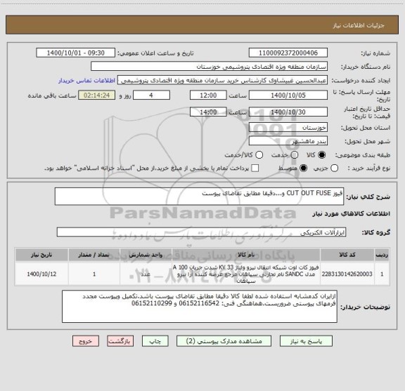 استعلام فیوز CUT OUT FUSE و...دقیقا مطابق تقاضای پیوست