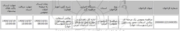 مناقصه عمومی یک مرحله ای روکش آسفالت محور روستایی ارثی(شهرستان خوی) ‏‏‏‏
