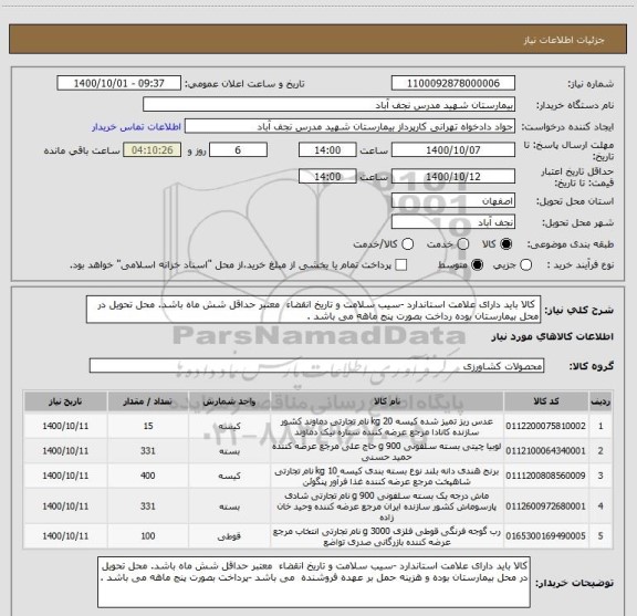 استعلام  کالا باید دارای علامت استاندارد -سیب سلامت و تاریخ انقضاء  معتبر حداقل شش ماه باشد. محل تحویل در محل بیمارستان بوده رداخت بصورت پنج ماهه می باشد .