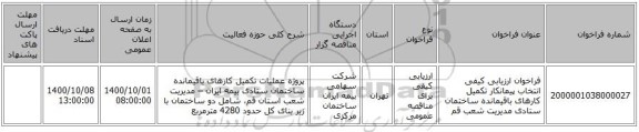 فراخوان ارزیابی کیفی انتخاب‌ پیمانکار تکمیل کارهای باقیمانده ساختمان ستادی مدیریت شعب قم