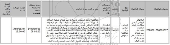 فراخوان ارزیابی کیفی مناقصه انجام عملیات بازسازی ساختمان شعبه اسلام شهر بانک ملی ایران